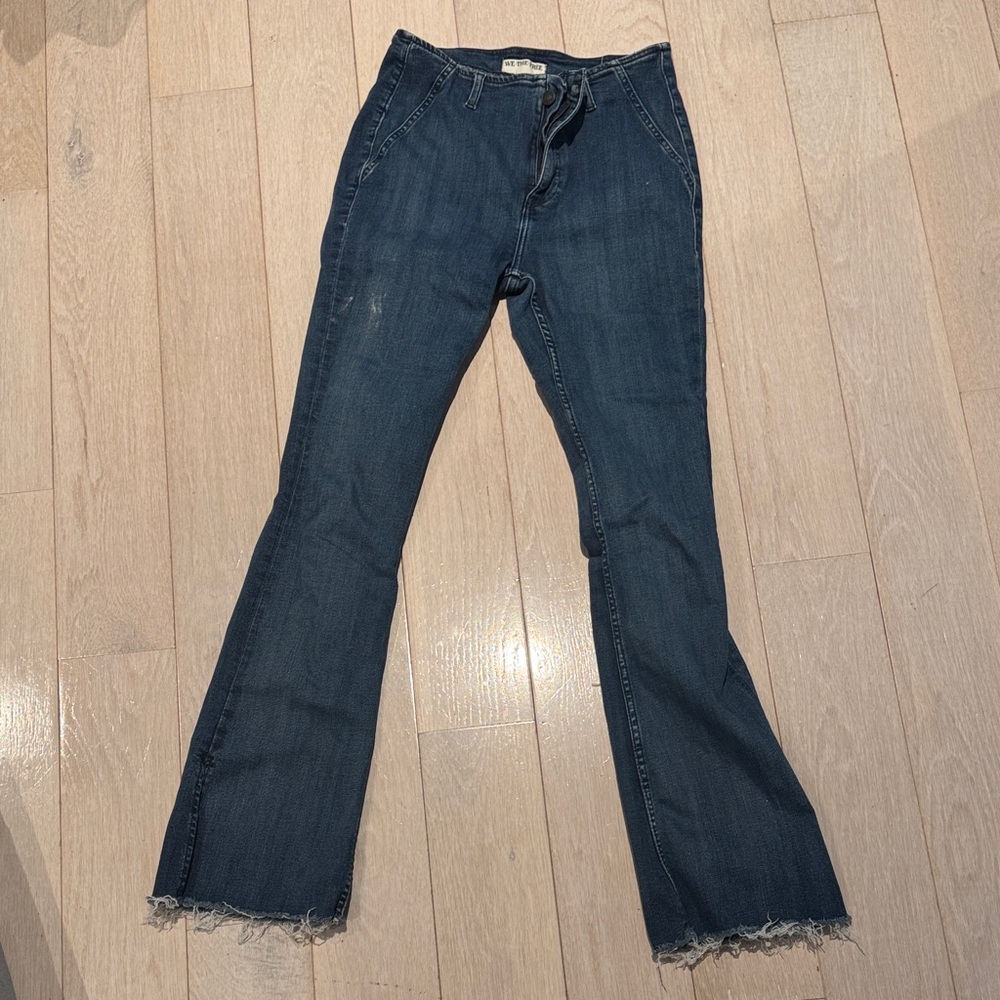 Free People Dark Indigo Flared Jeans with Frayed Hem